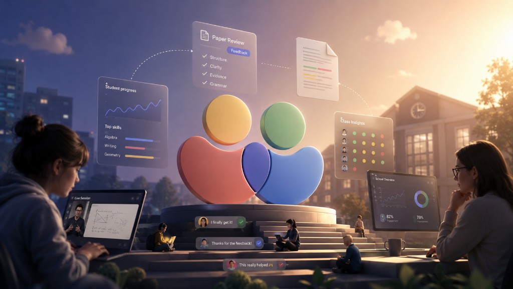 GradeSlam campus scene with students on laptops, floating tutoring dashboards, and the multicolor logo